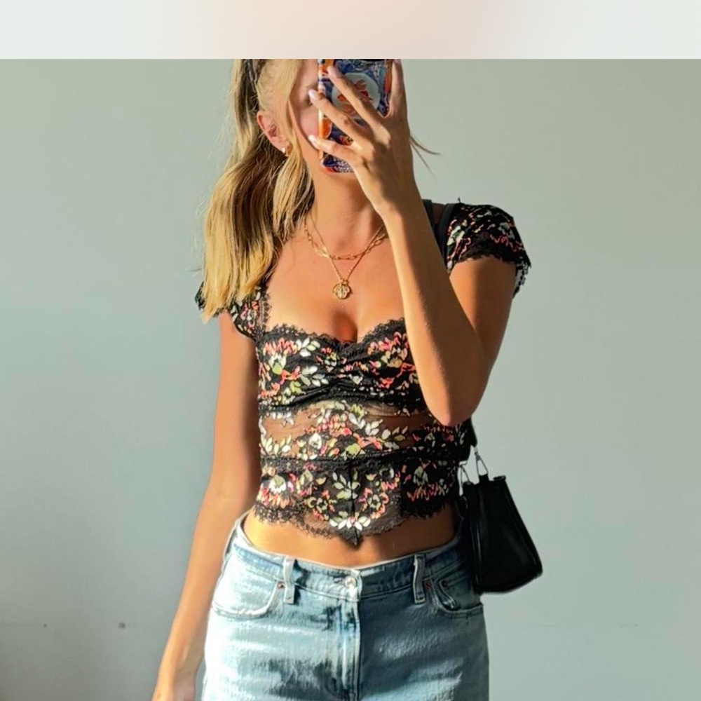 Free People Black Floral Lace Crop Top